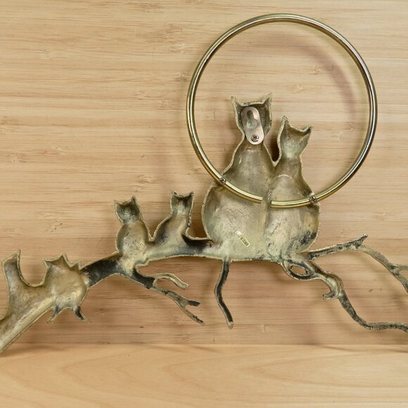 Vintage Brass Cat Family on Branch Wall Hanging / Cats Under Moon Wall Plaque - Picture 7 of 8